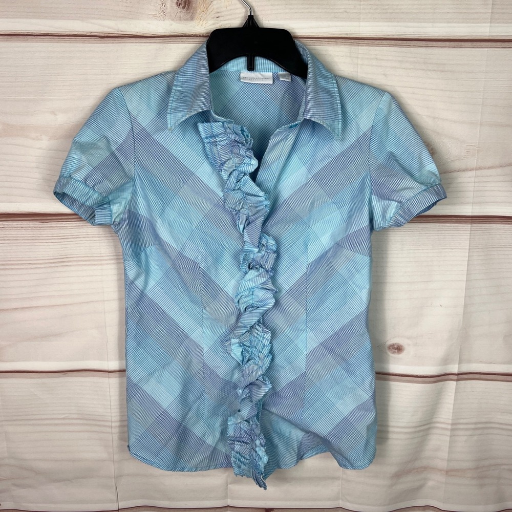 New York & Co Top Women S Blue Plaid Shirt Button Up Ruffles Short Sleeve Collar